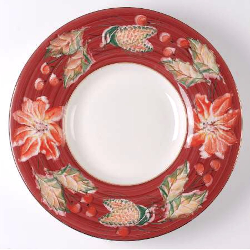 Disegno by Varm Deep Round Platter Red Border/Poinsettias&Holly Gold Bands